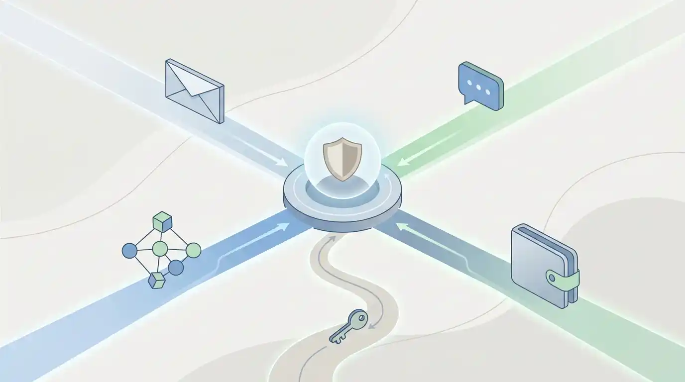 رسم تحريري لعدة طرق عامة لإنشاء حساب رقمي باستخدام البريد وخدمات تسجيل الدخول والمحفظة دون نسخ واجهة CHEXX